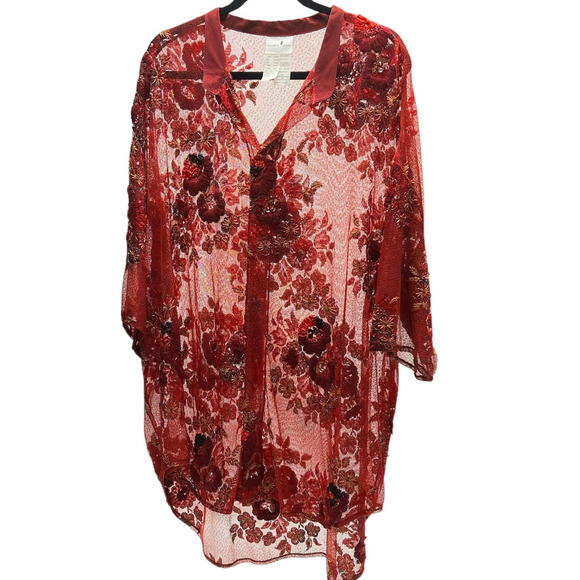 Sankofa Khari Mesh Tunic Embroidered Floral Beaded Women's Size L/XL Rust Red - Picture 1 of 9